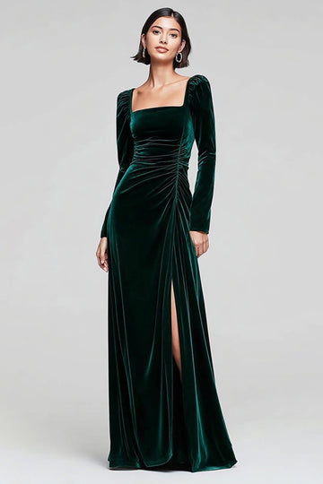 Dark Green Sheath Velvet Long Sleeves Formal Dress with Slit